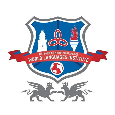 World Languages Institute crest with lighthouse, torch and griffins